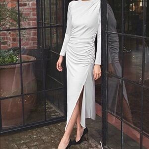 Express Elegant Gray Velvet Ruched Long Sleeve Midi Dress with Side Slit